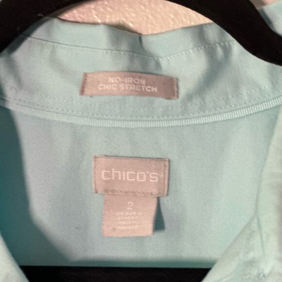 CHICO'S Medium Ice Blue Top No Iron Chic Button Down Stretch Career Preppy - Picture 3 of 7